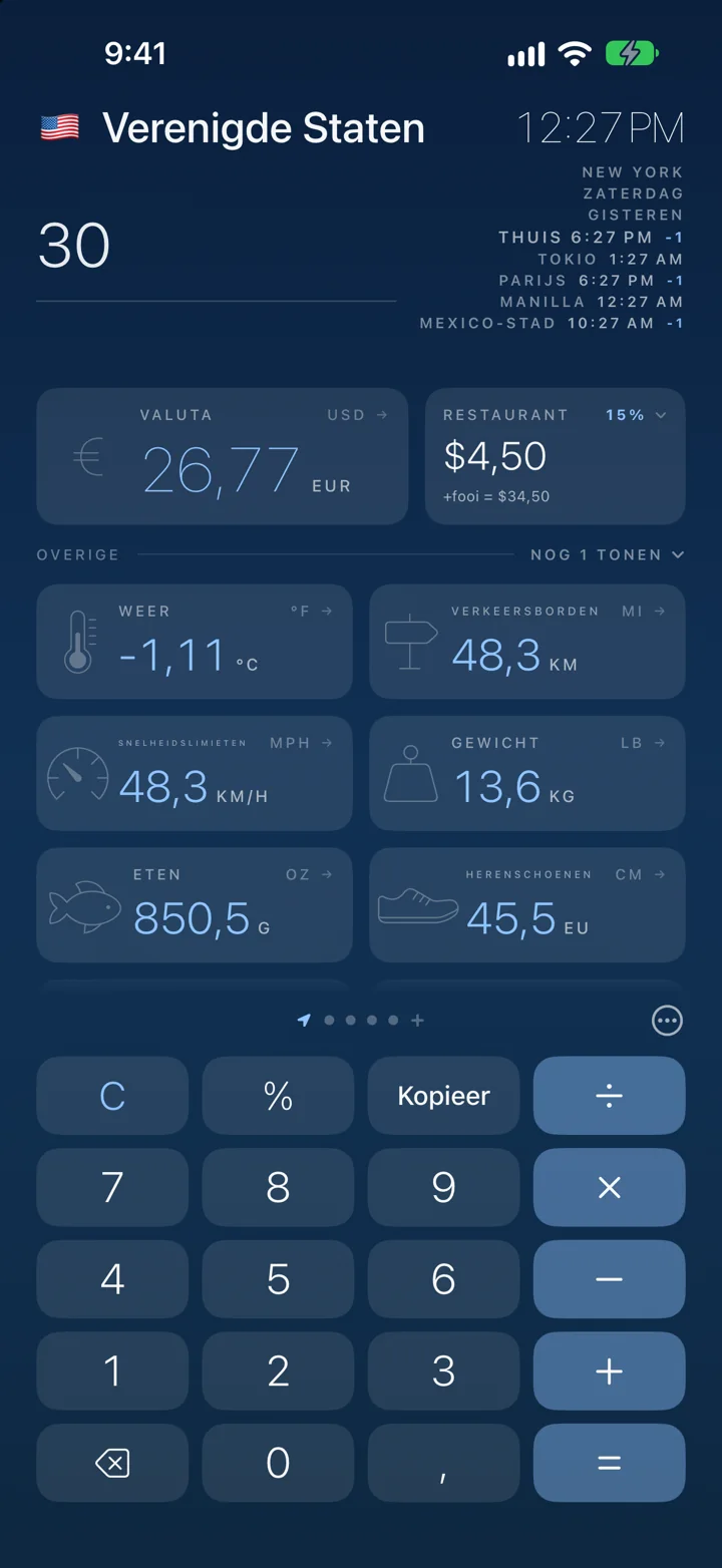 Alle eenheden tegelijk. €30 is ook 86 °F, 18,6 mijl en 66,1 pond.